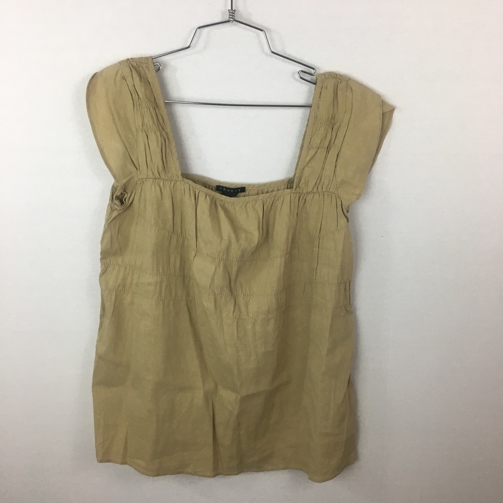 Theory wide neck gathered stitch tan tunic top